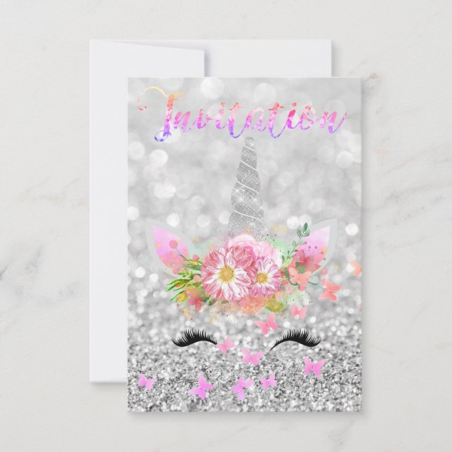 Invitation Unicorne face rose or Silver Gris Parties scintill (Devant)
