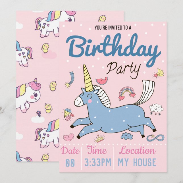 Invitation Unicorne fête d'anniversaire (Devant / Derrière)