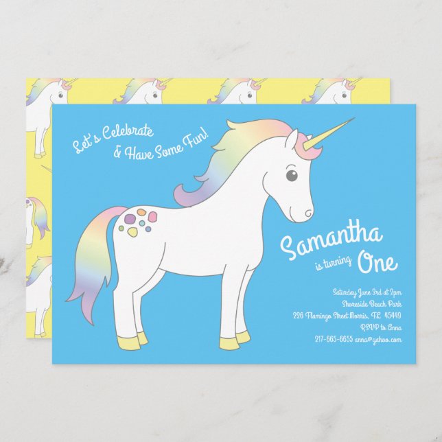 Invitation Unicorne fête d'anniversaire (Devant / Derrière)