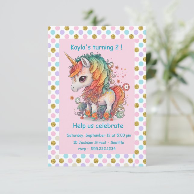 Invitation Unicorne Filles fête d'anniversaire (Debout devant)