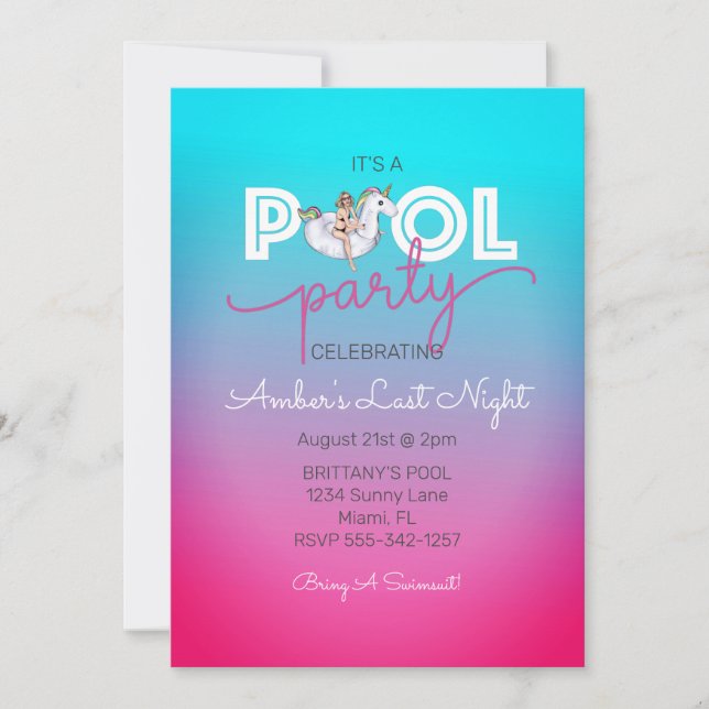 Invitation Unicorne Float Summer Pool Bachelorette Party Ombr (Devant)