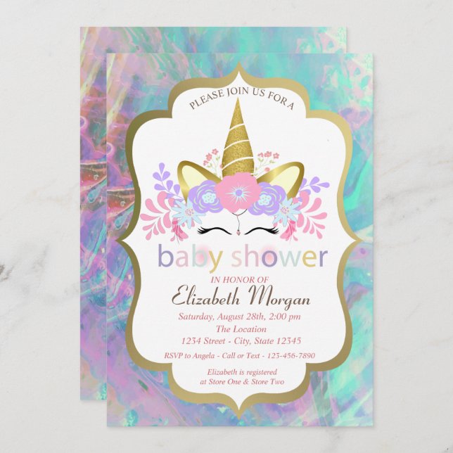 Invitation Unicorne, Floral, Baby shower Opal (Devant / Derrière)