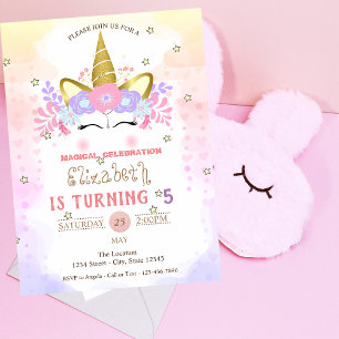 Invitation Unicorne Floral Crown, Anniversaire Pastel