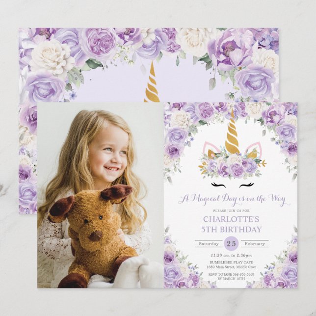Invitation Unicorne Florale Blanche Violet 5e 7e anniversaire (Devant / Derrière)