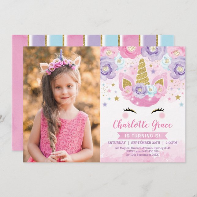 Invitation Unicorne florale rose pourpre bleu arc-en-ciel Ann (Devant / Derrière)
