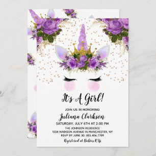 Invitation Unicorne Florale violet Baby shower Princesse