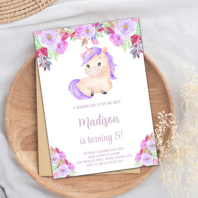 Invitation Unicorne Florale violet et rose (Purple pink Floral Unicorn Birthday Invitation)