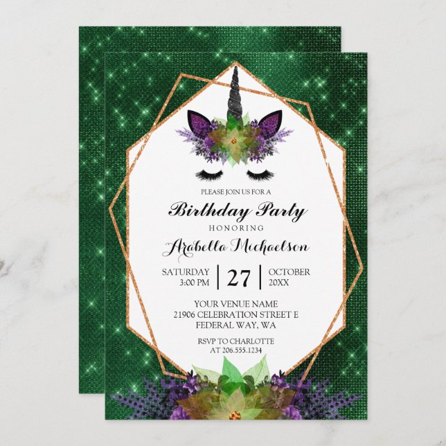 Invitation Unicorne Halloween Floral Green Sparkday (Devant / Derrière)