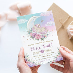 Invitation Unicorne lunaire blanc Baby shower floral violet