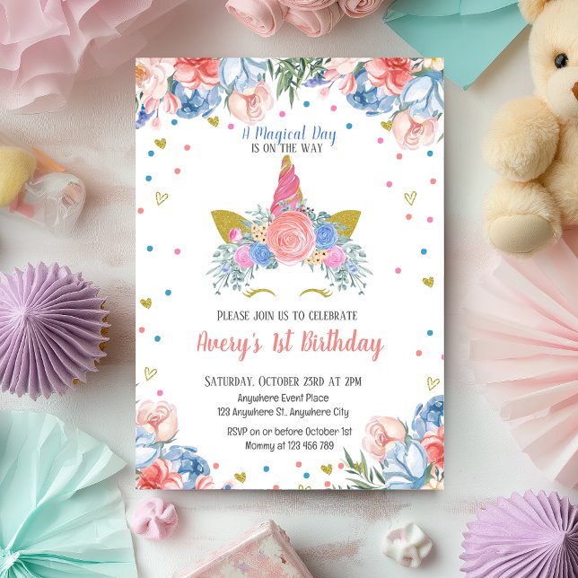 Invitation Unicorne magique Rainbow rose Floral Anniversaire (Magical Unicorn Rainbow Pink Floral Birthday Invitation)