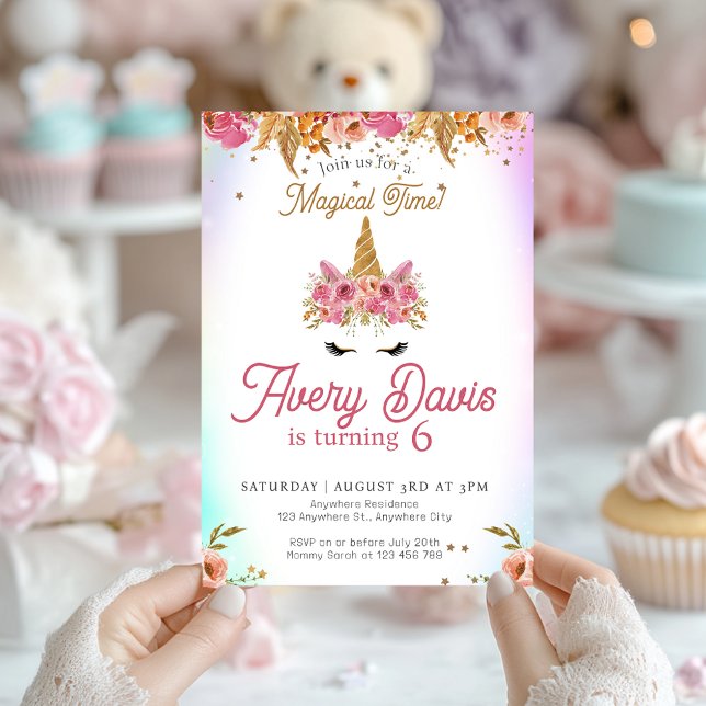Invitation Unicorne magique Rainbow rose Floral Anniversaire (Magical Floral Pink Unicorn Birthday Invitation)