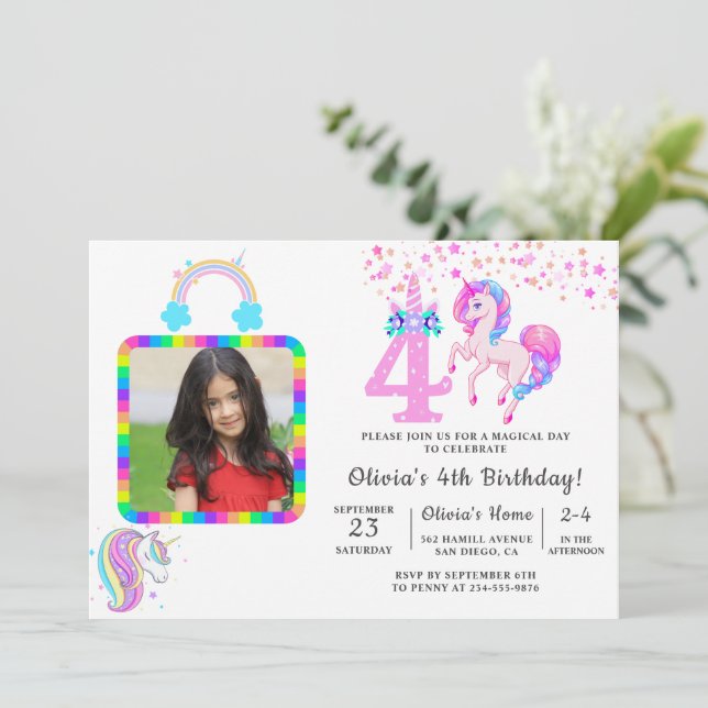 Invitation Unicorne modifiable fête d'anniversaire (Debout devant)