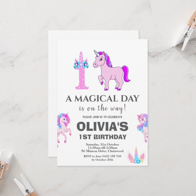 Invitation Unicorne modifiable fête d'anniversaire (Devant/Arrière en situation)