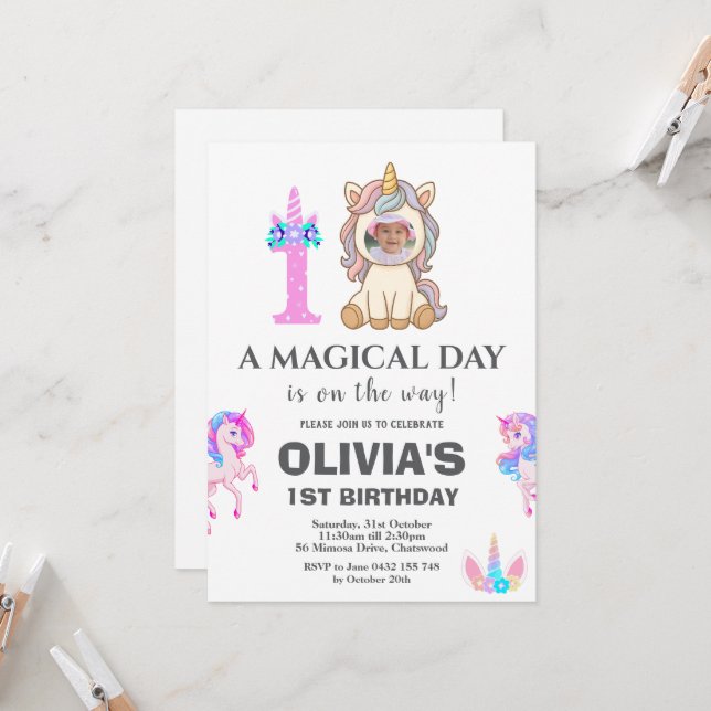 Invitation Unicorne modifiable fête d'anniversaire (Devant/Arrière en situation)