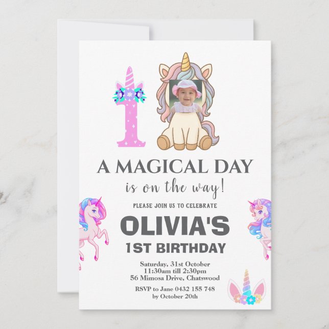 Invitation Unicorne modifiable fête d'anniversaire (Devant)