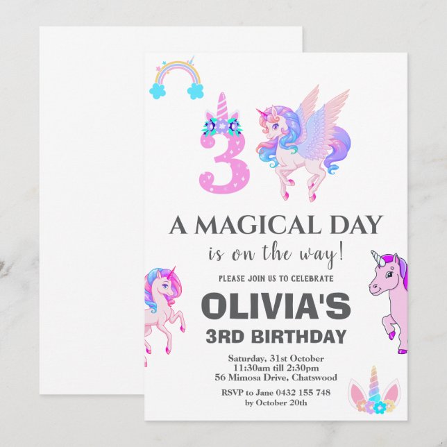 Invitation Unicorne modifiable fête d'anniversaire (Devant / Derrière)