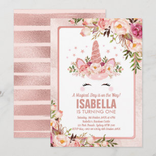 Invitation Unicorne or Rose brillant / Anniversaire magique f