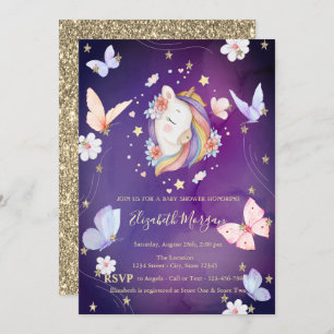 Invitation Unicorne Papillons Parties scintillant Violet Baby