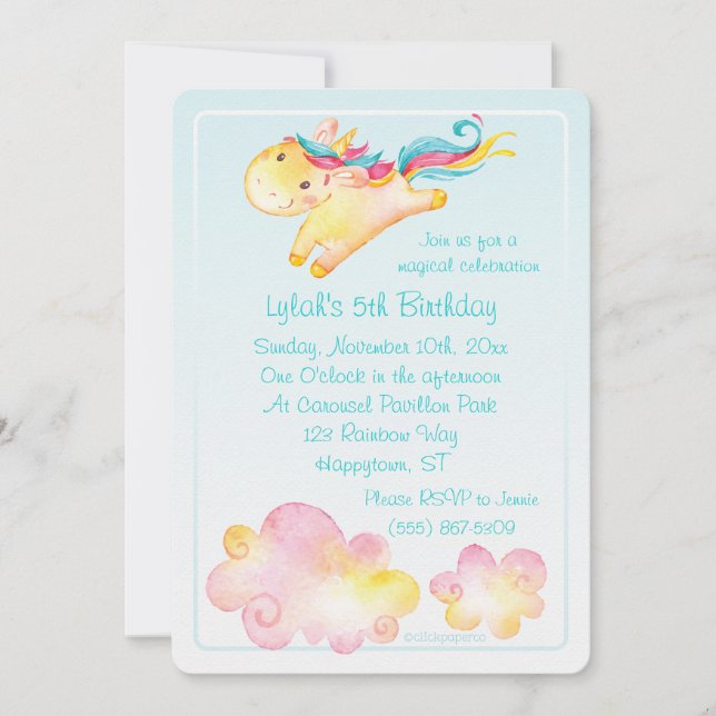 Invitation Unicorne Pastel Rainbow avec nuages doux (Devant)