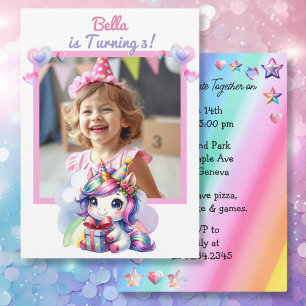 Invitation Unicorne personnalisée et photo Anniversaire de la
