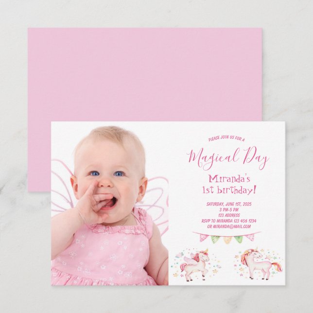 Invitation Unicorne photo 1er anniversaire fête fille invitat (Devant / Derrière)