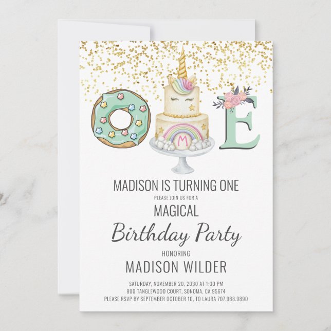 Invitation Unicorne premier anniversaire Gold Aqua rose blanc (Devant)