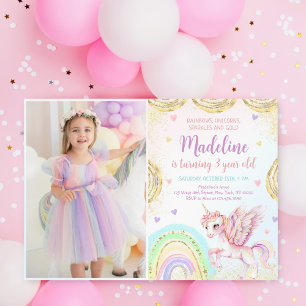 Invitation Unicorne Rainbow Sparkles Gold Birthday Photo