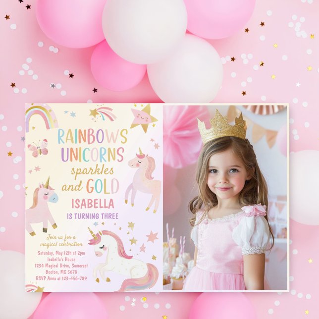 Invitation Unicorne Rainbow Sparkles Gold Birthday Photo (Créateur téléchargé)