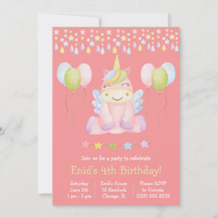 Invitation Unicorne rose, ballons et bannière fête d'annivers