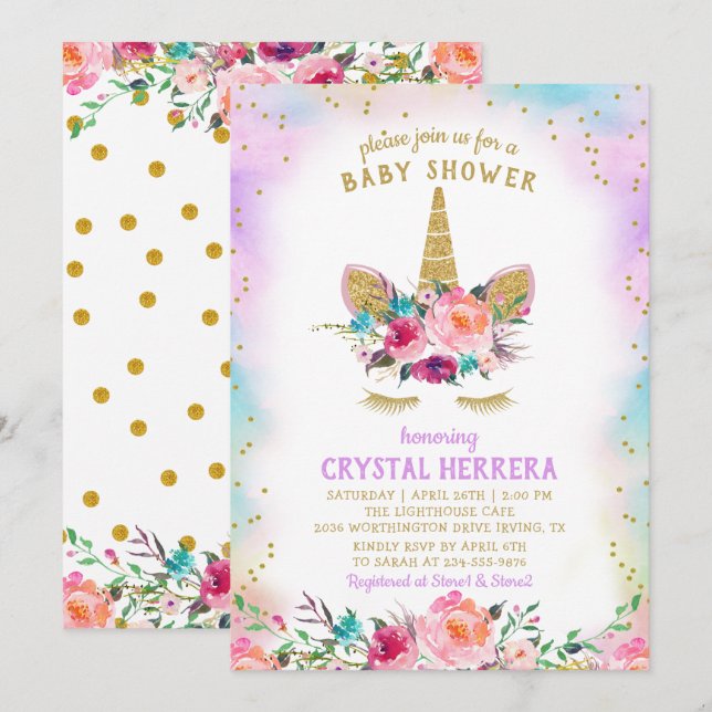 Invitation Unicorne rose et or Beau Baby shower floral (Devant / Derrière)