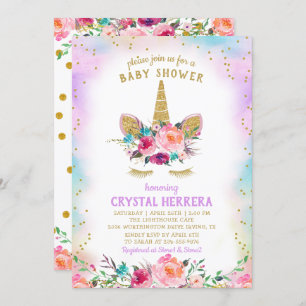 Invitation Unicorne rose et or Beau Baby shower floral