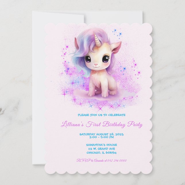 Invitation Unicorne rose et violet 1er anniversaire personnal (Devant)
