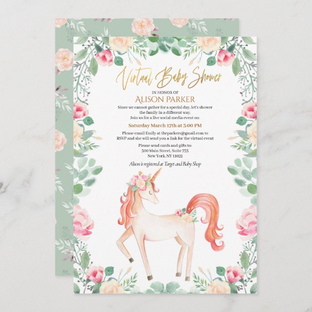 Invitation Unicorne rose Floral Greenery Baby shower virtuel (Devant / Derrière)