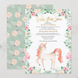 Invitation Unicorne rose Floral Greenery Baby shower virtuel