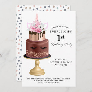 Invitation Unicorne Rose Gold Chocolate Gâteau 1er anniversai