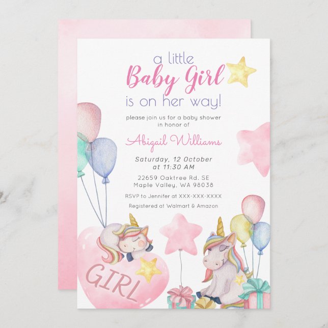 Invitation Unicorne rose, Gold Star, Baby shower fille ballon (Devant / Derrière)