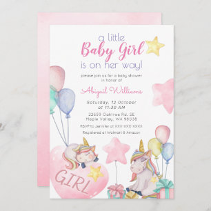 Invitation Unicorne rose, Gold Star, Baby shower fille ballon