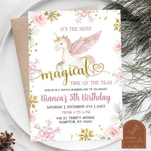 Invitation Unicorne rose magique Floral Winter Birthday Girl