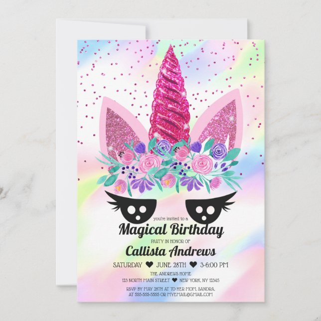 Invitation Unicorne rose magique Parties scintillant florale  (Devant)