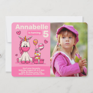 Invitation Unicorne rose mignonne Photo Anniversaire