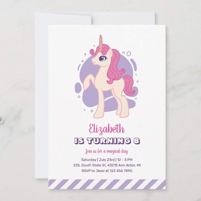 Invitation Unicorne rose mignonne Purple Girl Anniversaire (Devant)