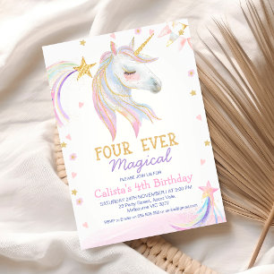 Invitation Unicorne rose or quatre jamais magique 4e annivers