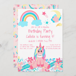 Invitation Unicorne rose Rainbow Moon Stars Fleurs Anniversai