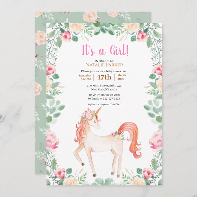Invitation Unicorne rose Rose Floral Greenery Baby shower fil (Devant / Derrière)