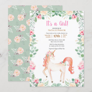 Invitation Unicorne rose Rose Floral Greenery Baby shower fil