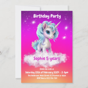 Invitation Unicorne Vibrant orange, rose, violet fête d'anniv