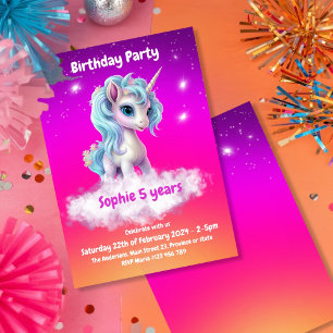 Invitation Unicorne Vibrant orange, rose, violet fête d'anniv
