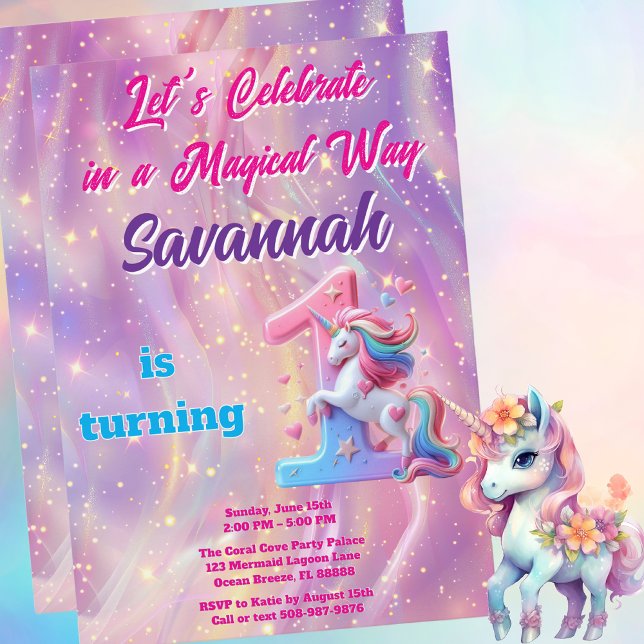 Invitation Unicorne violet rose Premier anniversaire Invitati (Magical Unicorn Birthday Party Invitation)
