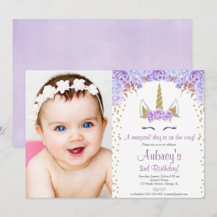 Invitation Unicorne violette et or photo d'anniversaire fille