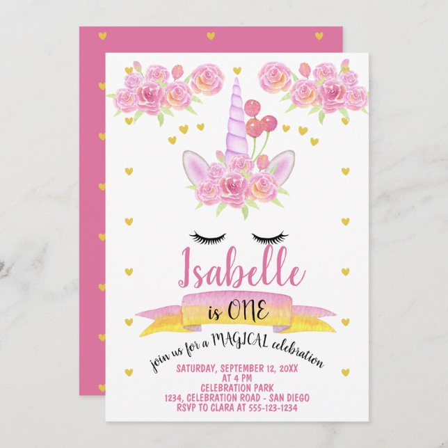 Invitation Unicorne Visage rose Aquarelle Florales Anniversai (Devant / Derrière)